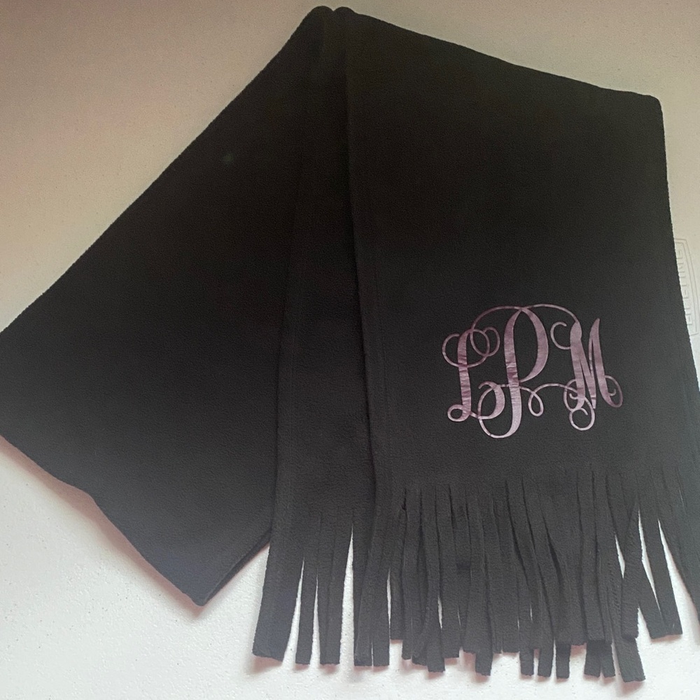Personalized Black Fringe Scarf with Purple Monogram LPM